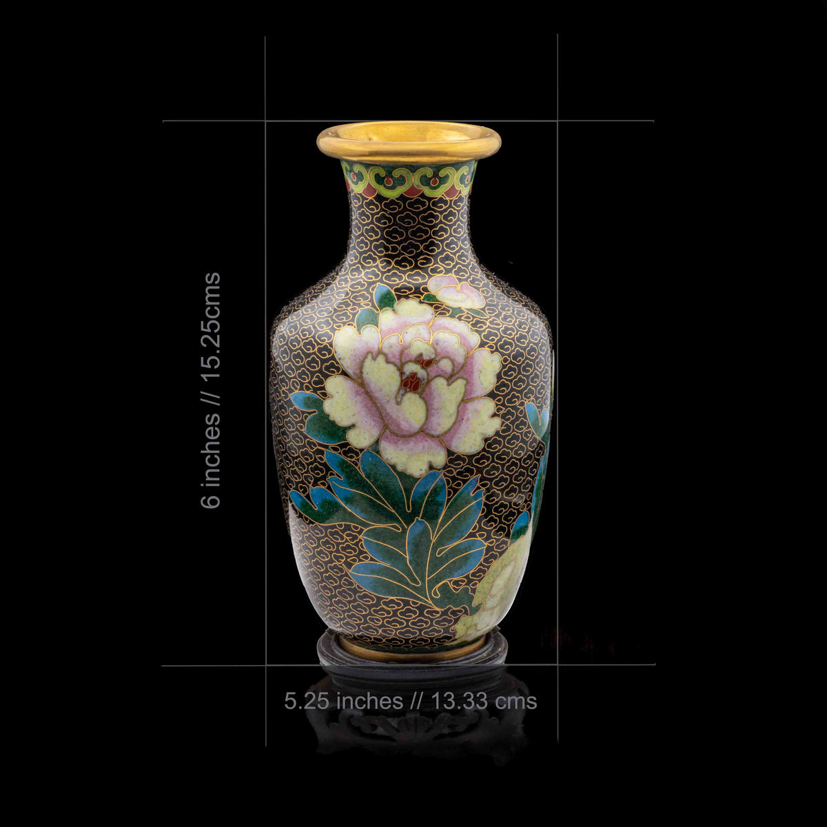 Measurement infographic for a vintage black cloisonné baluster vase showing dimensions of 6 inches high by 5.25 inches wide on a wooden base over a black background.