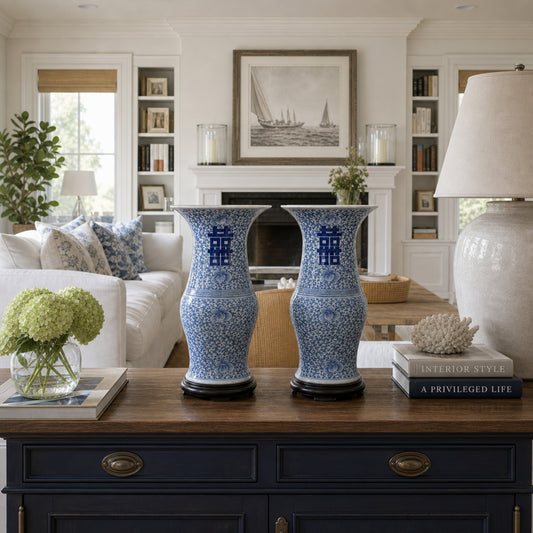 Pair of vintage Chinese porcelain double happiness yen yen vases styled on a wooden credenza in a bright luxury living room with a white sofa, fireplace, and coastal sailboat framed wall art.