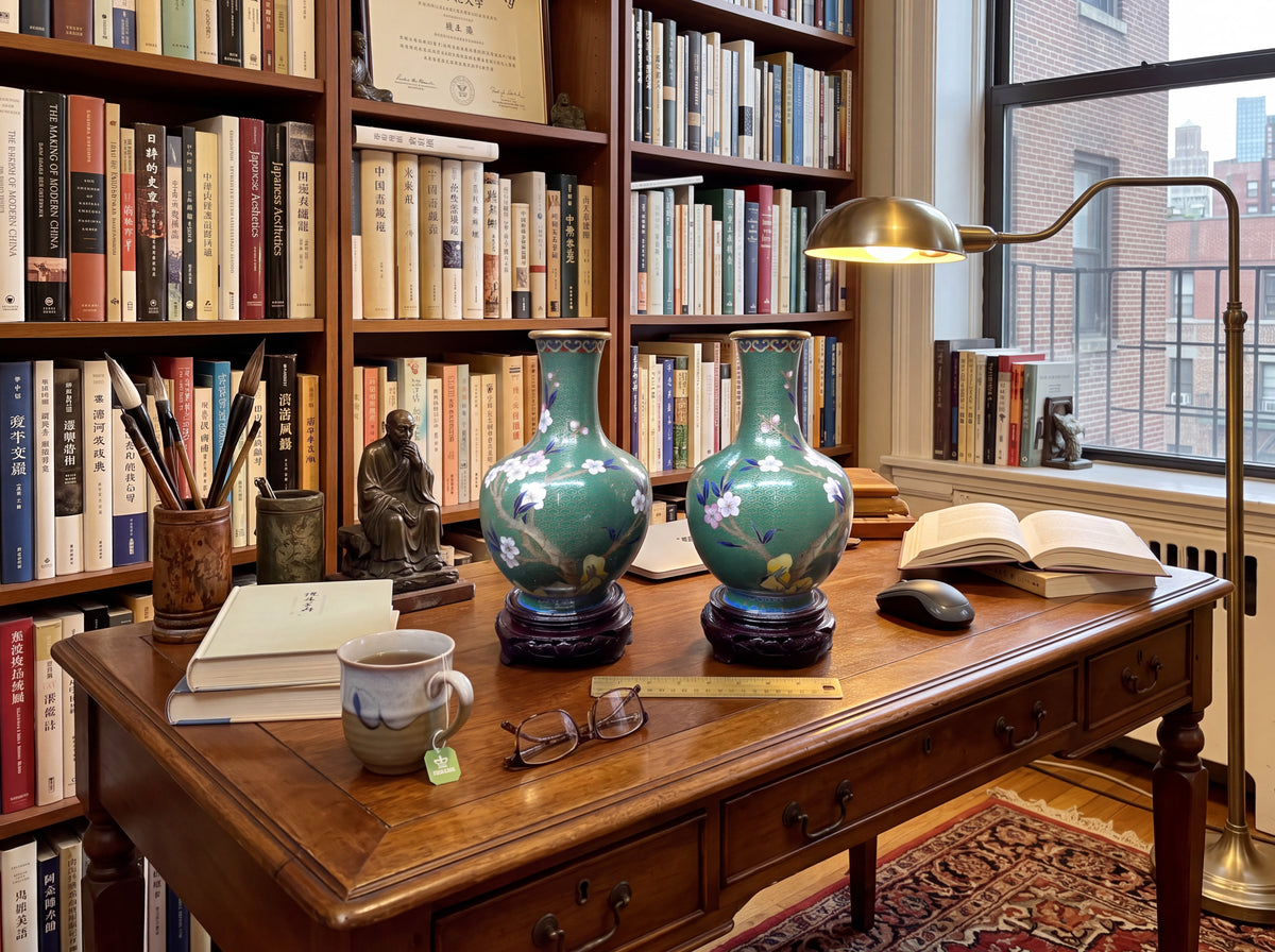 Vintage Chinese cloisonne enamel green baluster vases displayed on an executive desk under a brass lamp, set against large wooden bookshelves filled with books in a luxury study room.