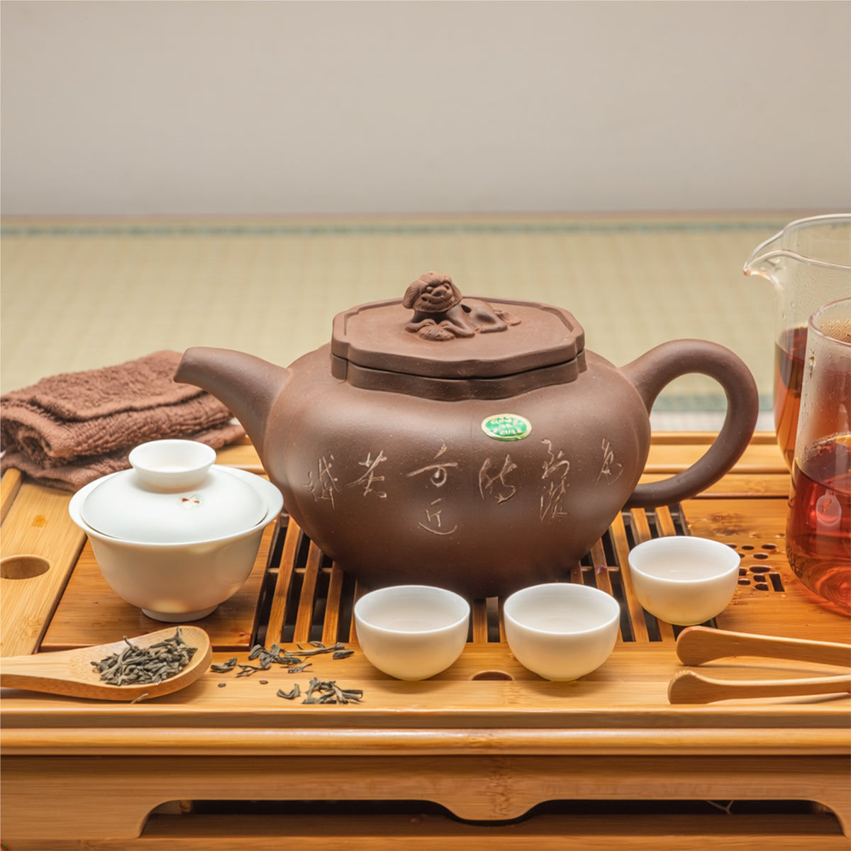 Vintage Factory 1 Yixing Zisha clay resting lion teapot arranged on a traditional carved wooden tea tray during a classical Gongfu tea ceremony service.
