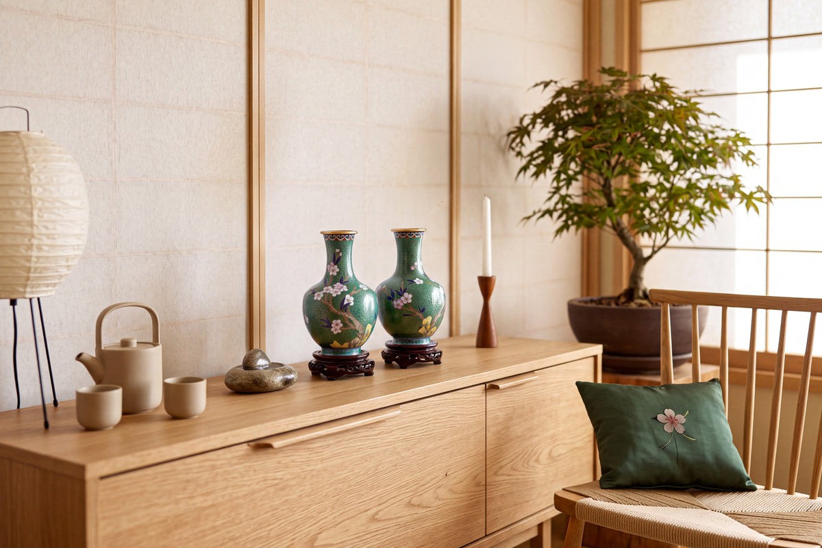 Two green decorative cloisonné vases on a wooden sideboard, with a leafy tree and green cushioned chair in a Japandi minilistic setting.