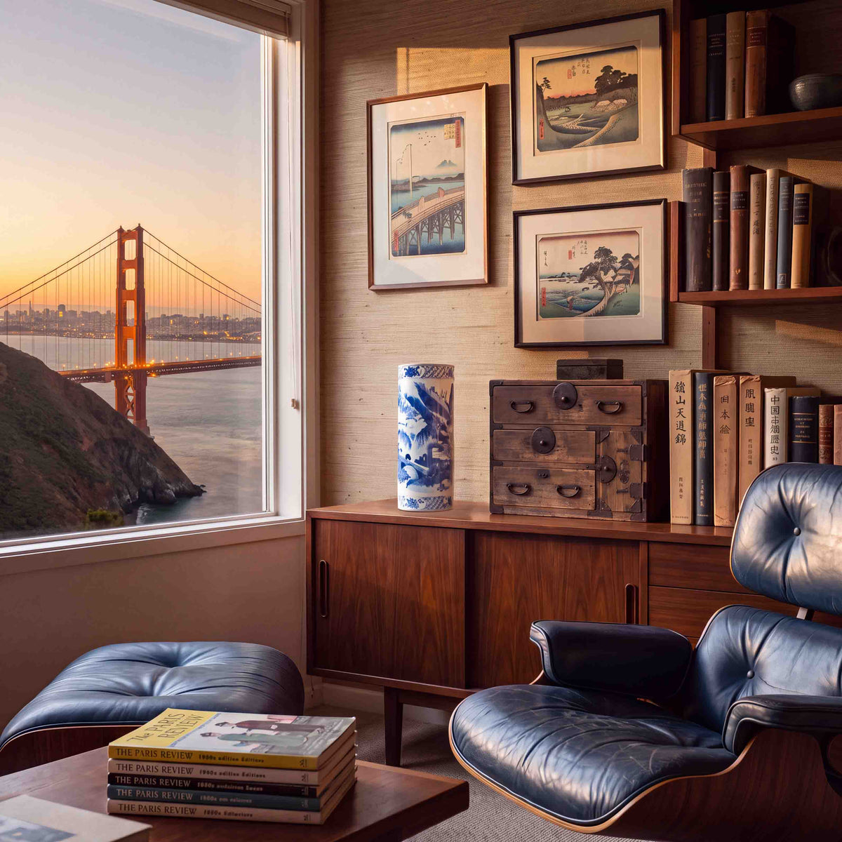 Vintage Chinese porcelain cylindrical vase styled on a mid century credenza next to an antique wooden chest and framed Japanese prints in a luxury study overlooking the Golden Gate Bridge.