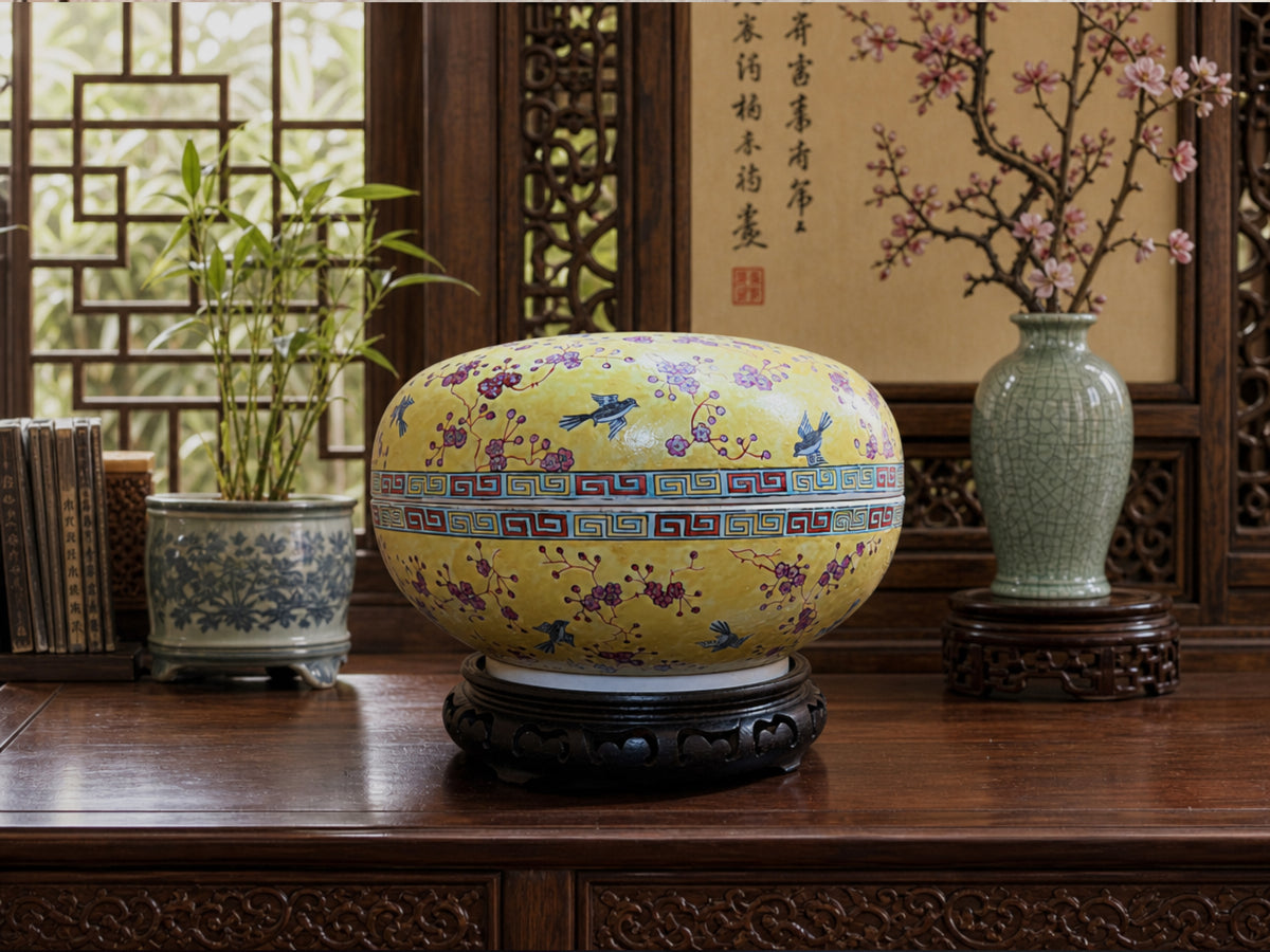 Vintage yellow sweetmeat container on a carved wood stand next to old books, a bamboo planter, and a green celadon vase with cherry blossoms in a luxury antique oriental study room.